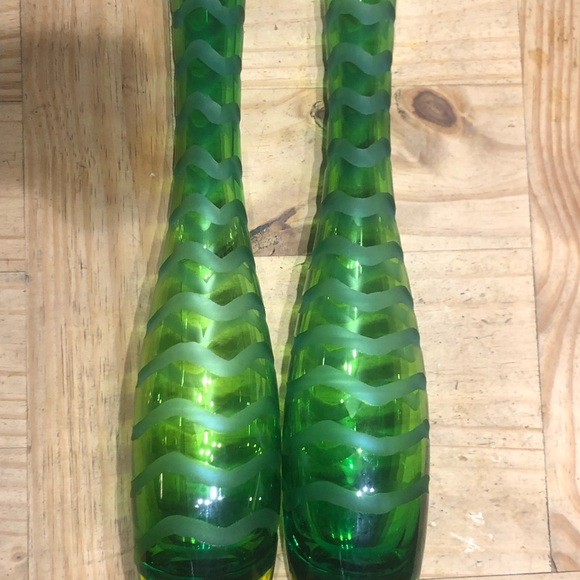 Green glass tall etched vases 16” - Picture 2 of 3